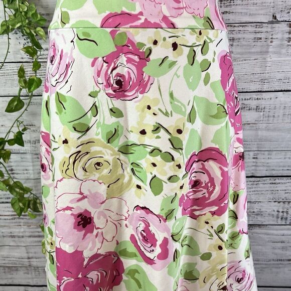 Spiegel Skirt size 14 Pink Green Floral Rose Knee A Line Stretch Wedding Modest - Picture 6 of 11
